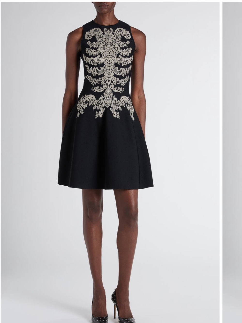 Alexander McQueen Black Skater Skirt with Ivory Baroque Appliqué